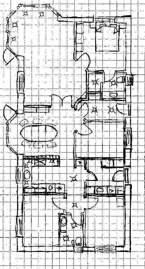 F�rste h�ndtegnede version af huset (p� A4 papir)